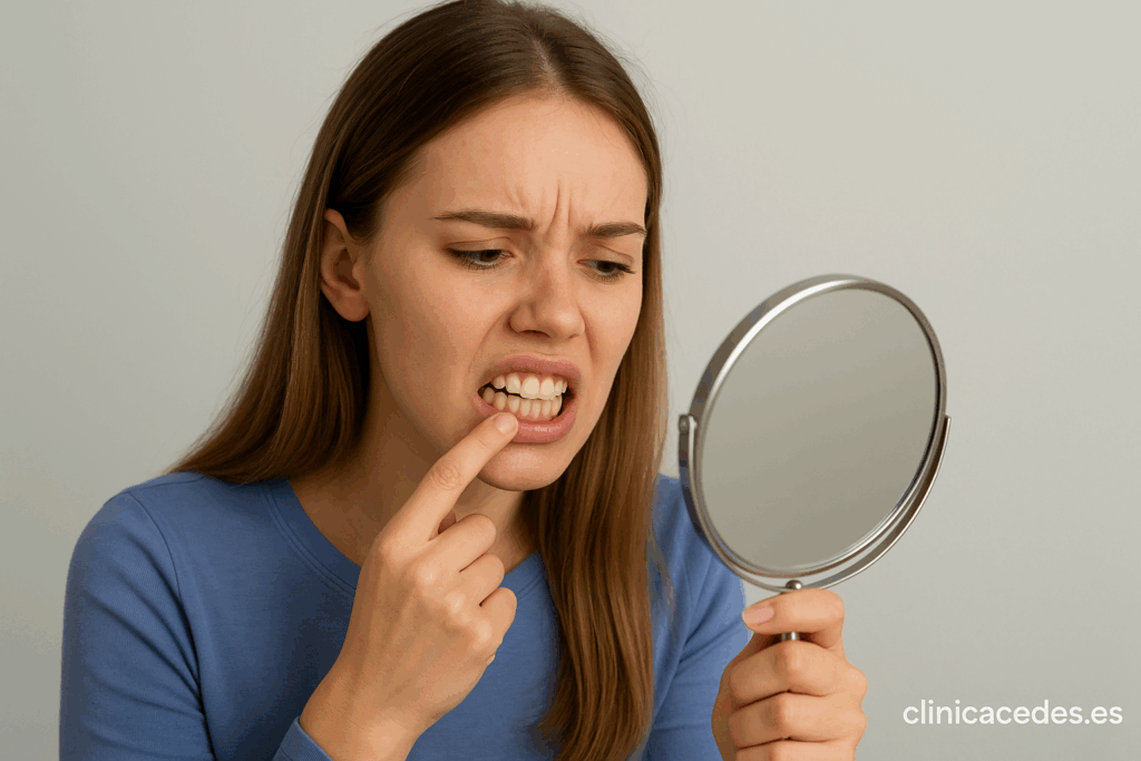 Mujer joven mirando sus dientes en un espejo de mano con expresión de descontento, mostrando preocupación por la apariencia de su sonrisa después de un tratamiento de ortodoncia.