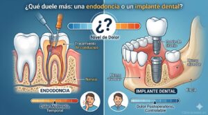 Infografía comparativa sobre el nivel de dolor entre una endodoncia y un implante dental, mostrando diagramas anatómicos de un tratamiento de conductos y la colocación de un poste de titanio, con escalas de medición de molestias postoperatorias.