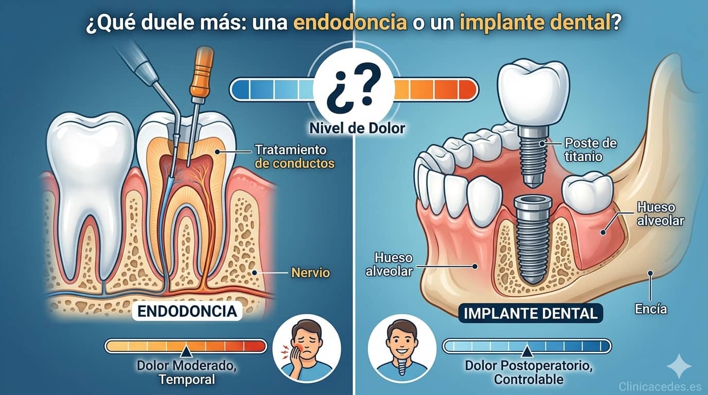 Infografía comparativa sobre el nivel de dolor entre una endodoncia y un implante dental, mostrando diagramas anatómicos de un tratamiento de conductos y la colocación de un poste de titanio, con escalas de medición de molestias postoperatorias.