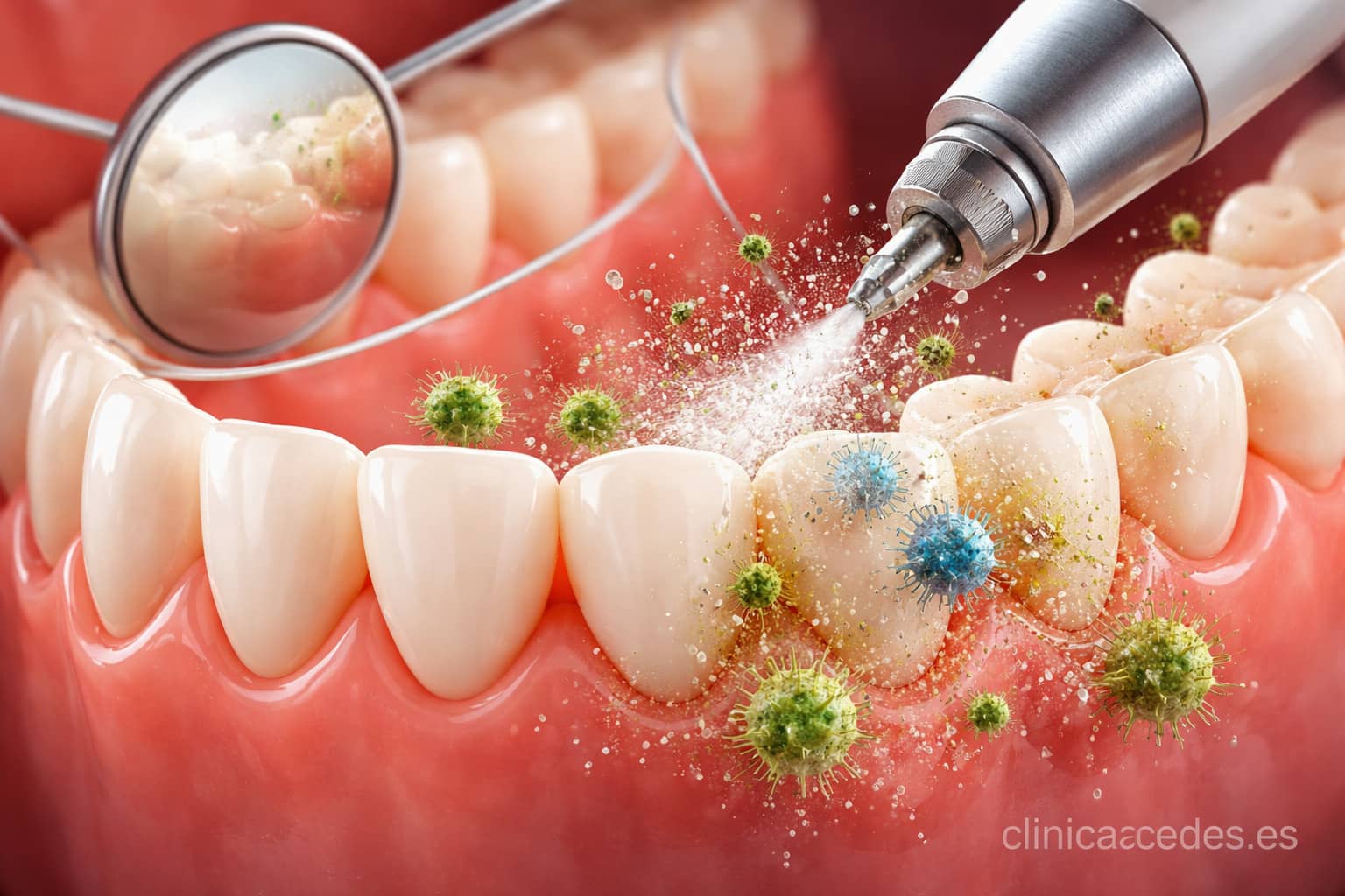 Eliminación de bacterias de los dientes con limpieza dental profesional en clínica de Valencia