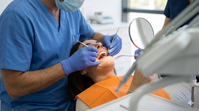 Un profesional odontólogo realizando una tartrectomía o limpieza dental profesional a una paciente en una clínica dental moderna, utilizando instrumental especializado para eliminar el sarro."