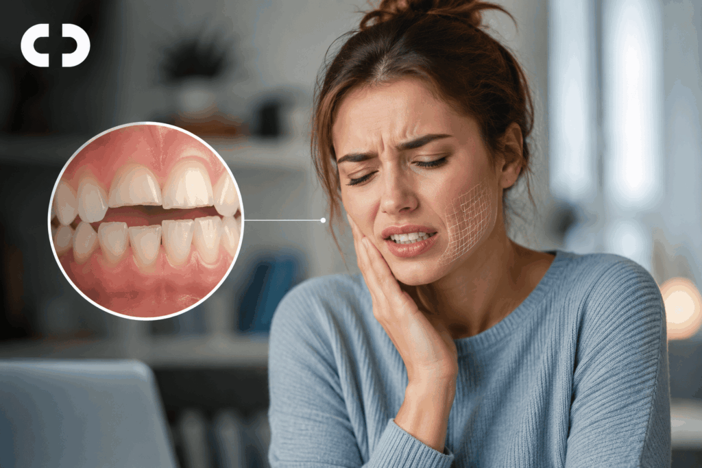 Joven con desgaste dental y sensibilidad en los dientes por bruxismo en clínica dental de Valencia
