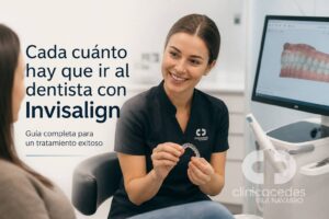 Consulta de ortodoncia con Invisalign en clínica dental, especialista mostrando alineador transparente a paciente con marca de agua de Clínica Cedes en imagen horizontal