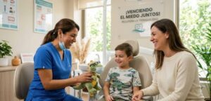 Una dentista amable y sonriente interactúa con un niño sentado en el sillón dental, mostrándole un peluche de dinosaurio con mascarilla para calmarlo.