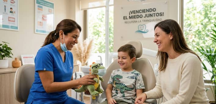 Una dentista amable y sonriente interactúa con un niño sentado en el sillón dental, mostrándole un peluche de dinosaurio con mascarilla para calmarlo.