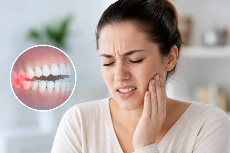 Mujer con dolor en la mandíbula debido al estrés, una de las principales consecuencias del bruxismo y otros problemas de salud bucodental