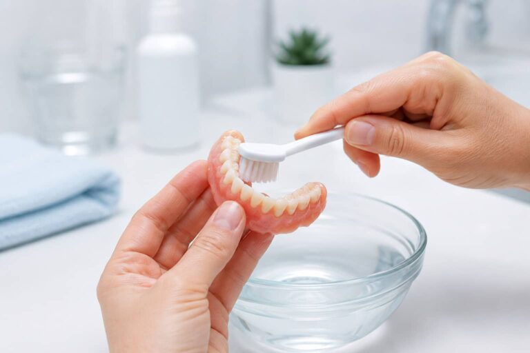 Persona limpiando correctamente una prótesis dental removible con un cepillo especial para mantener una buena higiene bucodental