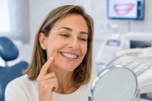 Mujer adulta sonriendo con ortodoncia durante un tratamiento para mejorar su sonrisa en una clínica dental